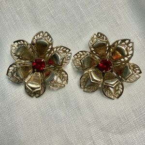 Vintage Gold Floral Clip-On Earrings with Red Stones